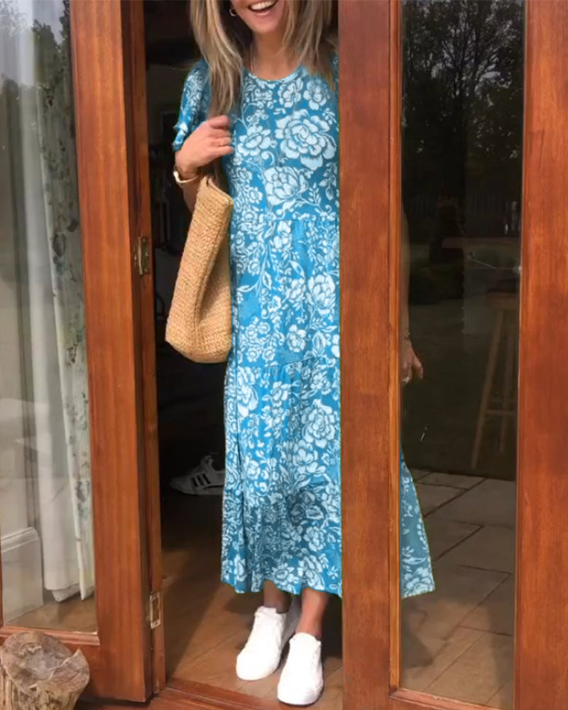 Sophie | Lange Jurk met Korte Mouwen en Bloemenprint