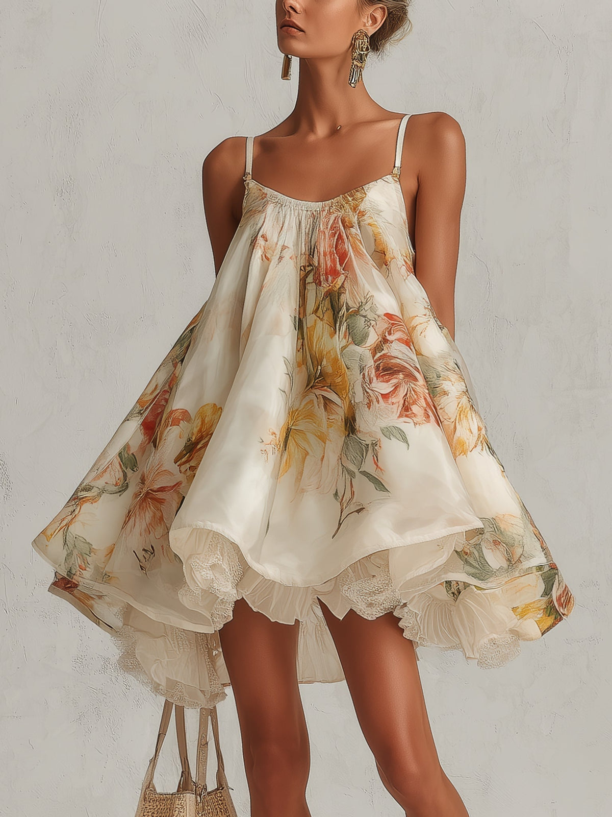 Candida | Mini Abito Trapezio in Organza Floreale Beige a Bordo in Pizzo