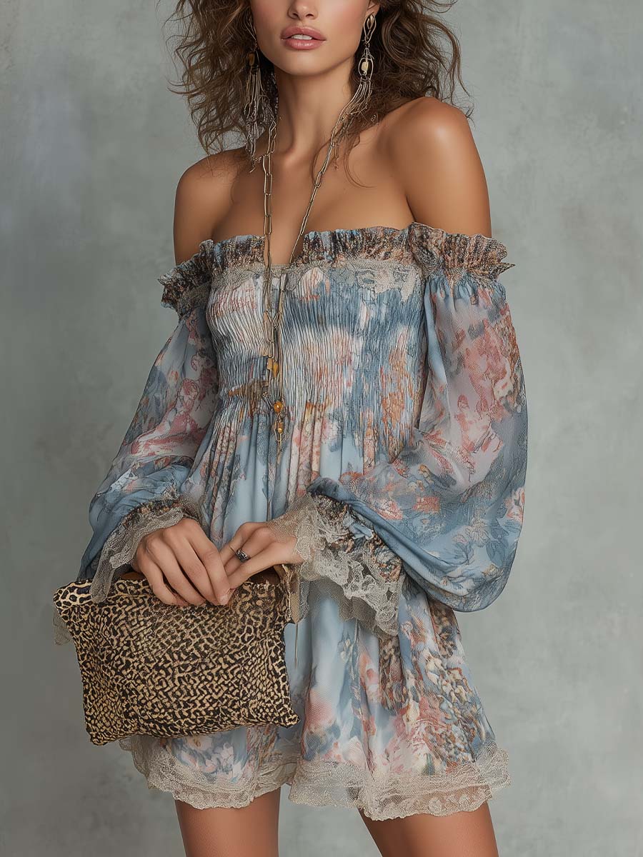 Romana | Mini Abito in Chiffon Arricciato a Spalle Scoperte e Fiori Romantici