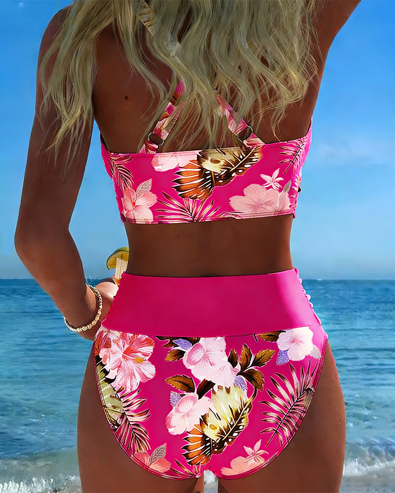 Bikini con stampa floreale a contrasto in spacco