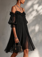 No | Mini vestito di chiffon in nero con schouders blu e bordo bordato