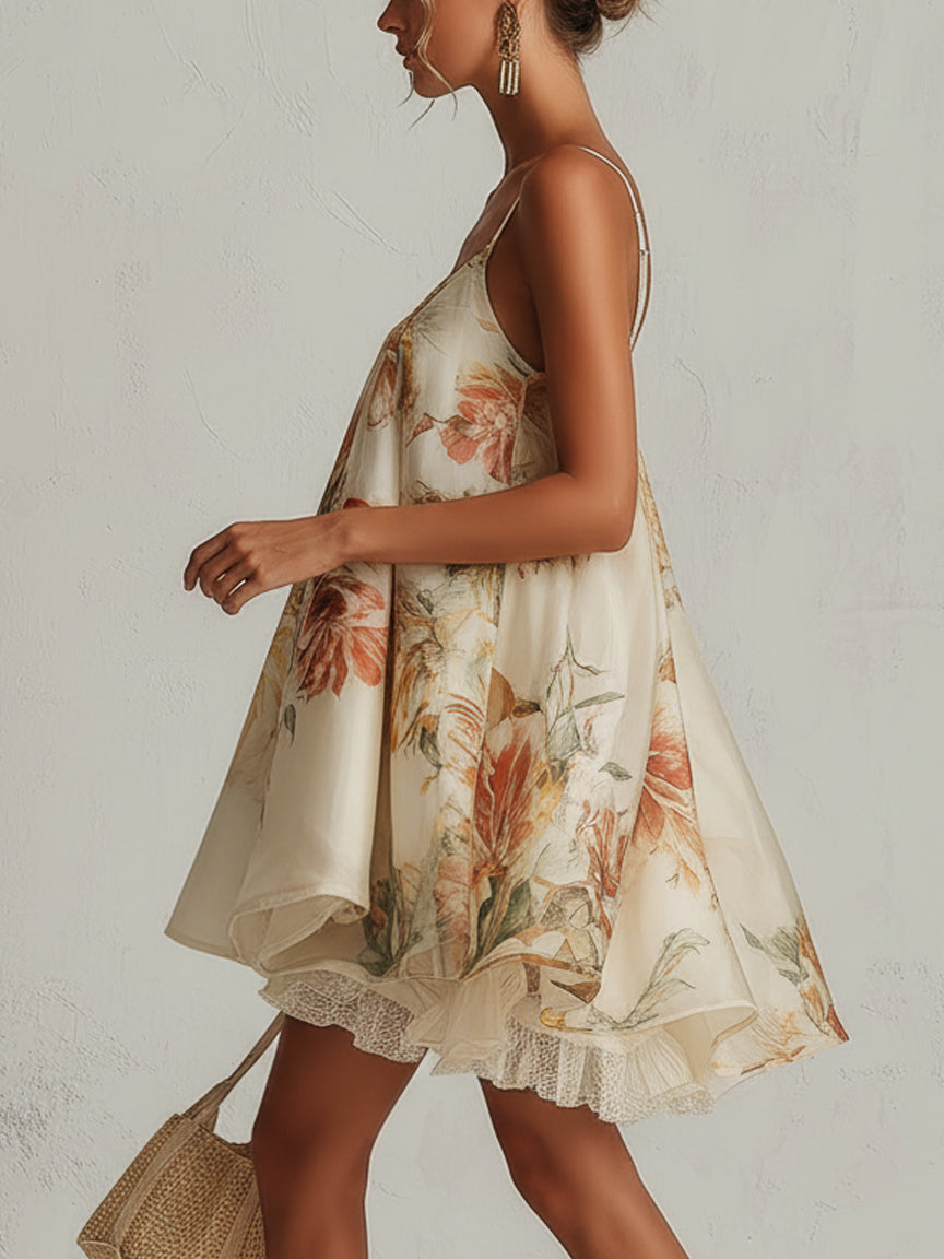 Candida | Mini Abito Trapezio in Organza Floreale Beige a Bordo in Pizzo