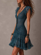 Delfina | Mini Abito con Volant in Pizzo e Chiffon Blu Retrò