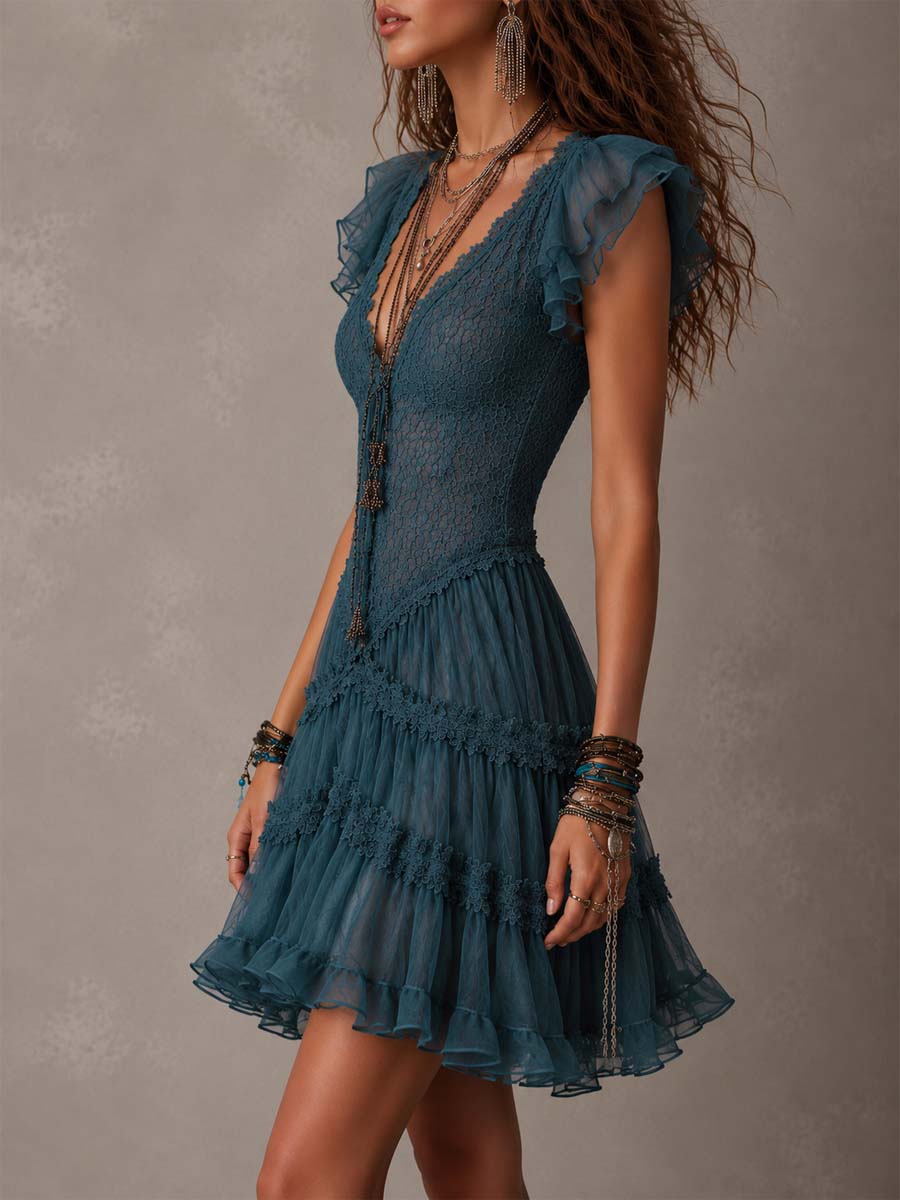 Delfina | Mini Abito con Volant in Pizzo e Chiffon Blu Retrò