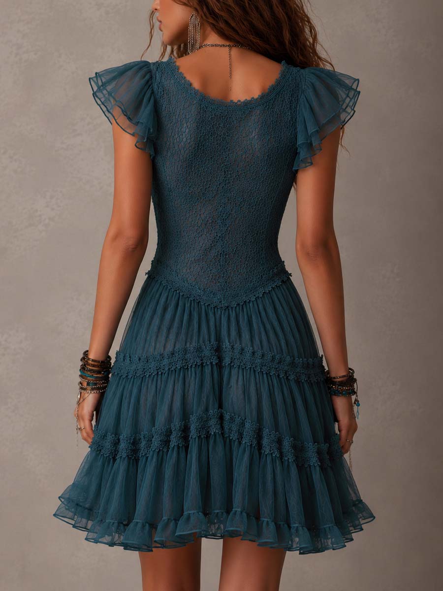 Delfina | Mini Abito con Volant in Pizzo e Chiffon Blu Retrò