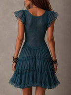 Delfina | Mini Abito con Volant in Pizzo e Chiffon Blu Retrò