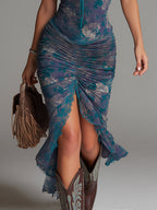 Saskia | Blauwe Midi Jurk ha incontrato Verfprint e Kant