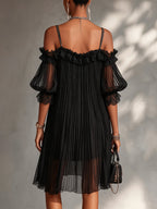 Ottavia | Mini Abito Nero in Chiffon con Spalle Scoperte e Bordo in Pizzo