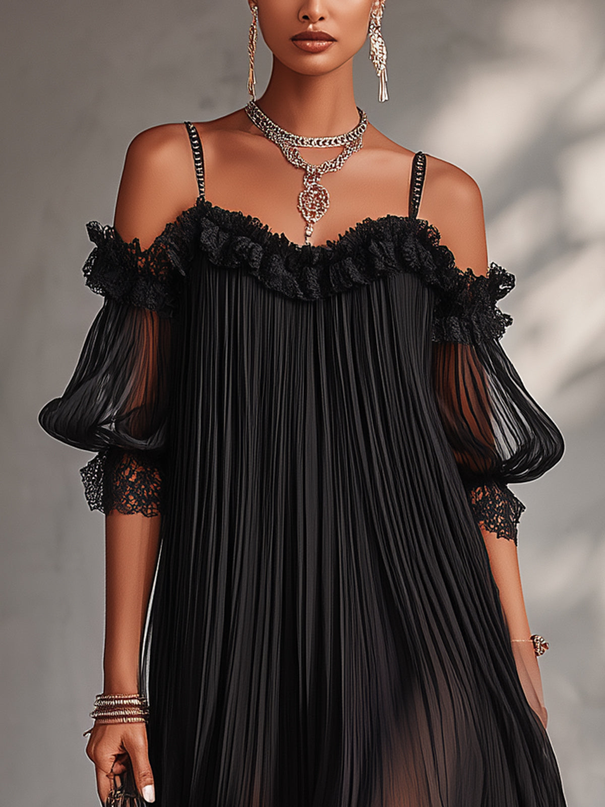 Camelia | Mini Abito in Chiffon Nero a Spalle Scoperte e Bordo in Pizzo
