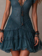 Delfina | Mini Abito con Volant in Pizzo e Chiffon Blu Retrò