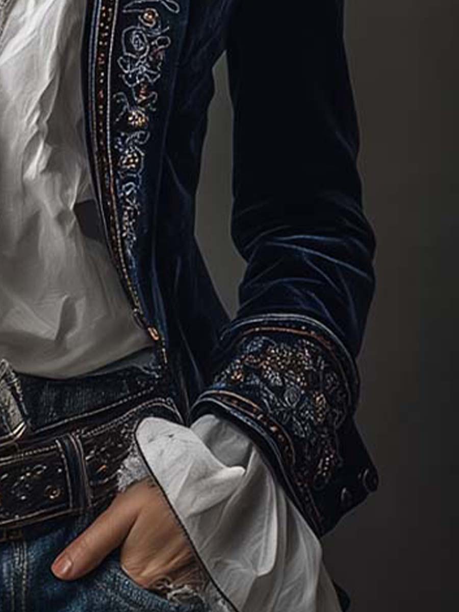 Anastasia | Giacca Lunga Ricamata Vintage Blu Navy