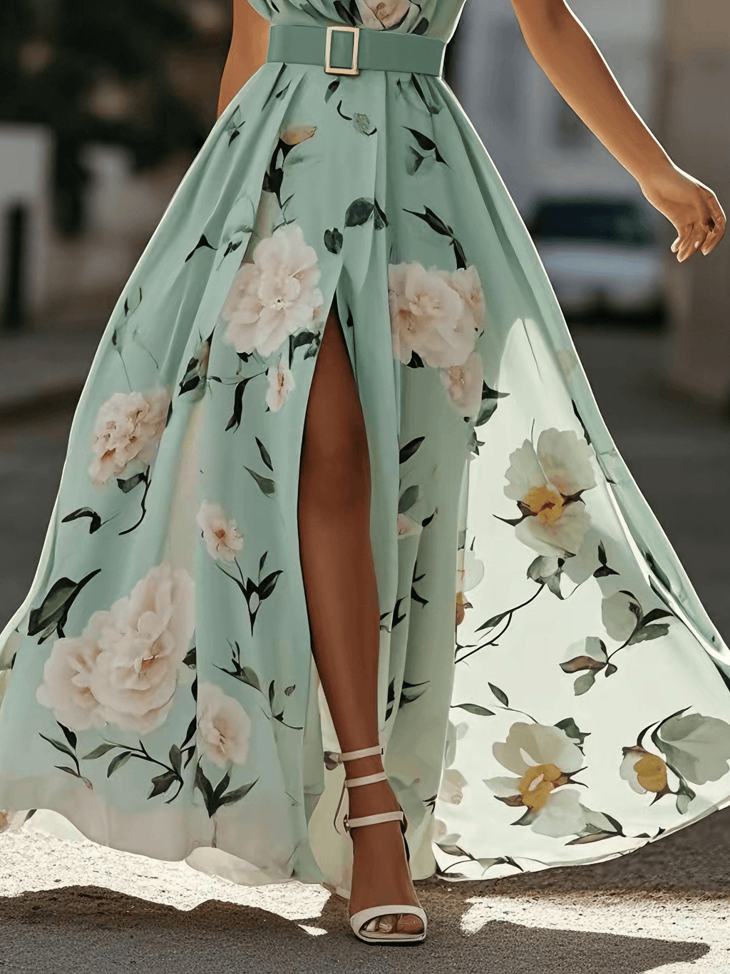 Giulia | Abito Maxi Chiffon Floreale a Spalle Scoperte Verde Chiaro