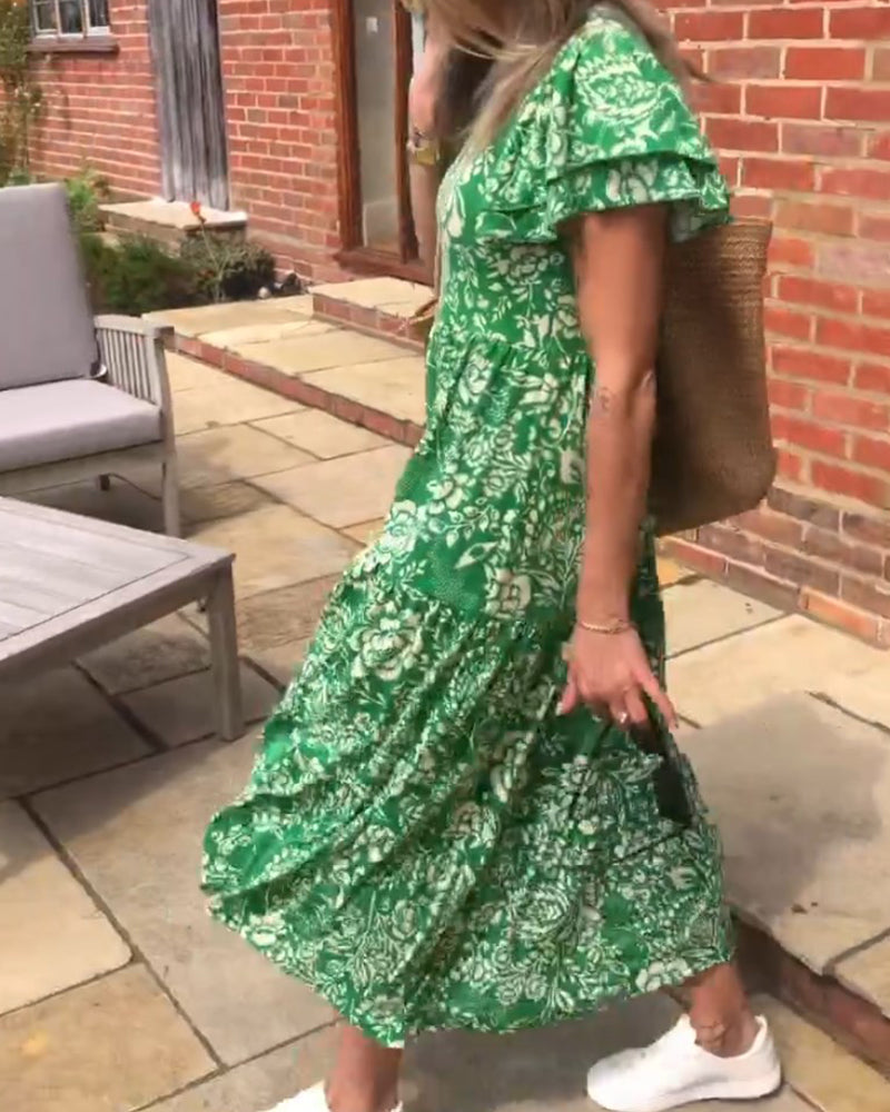 Sophie | Lange Jurk met Korte Mouwen en Bloemenprint