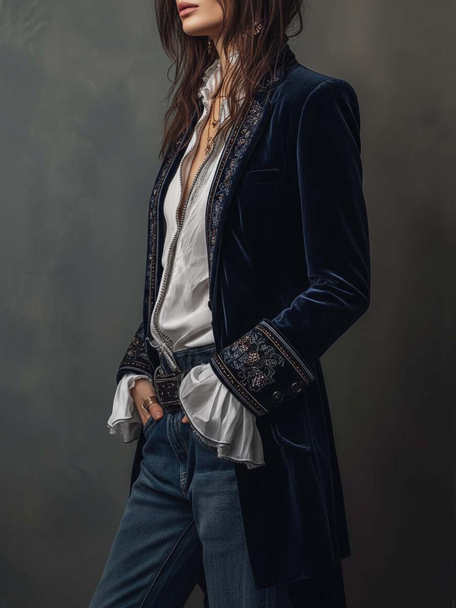 Anastasia | Giacca Lunga Ricamata Vintage Blu Navy