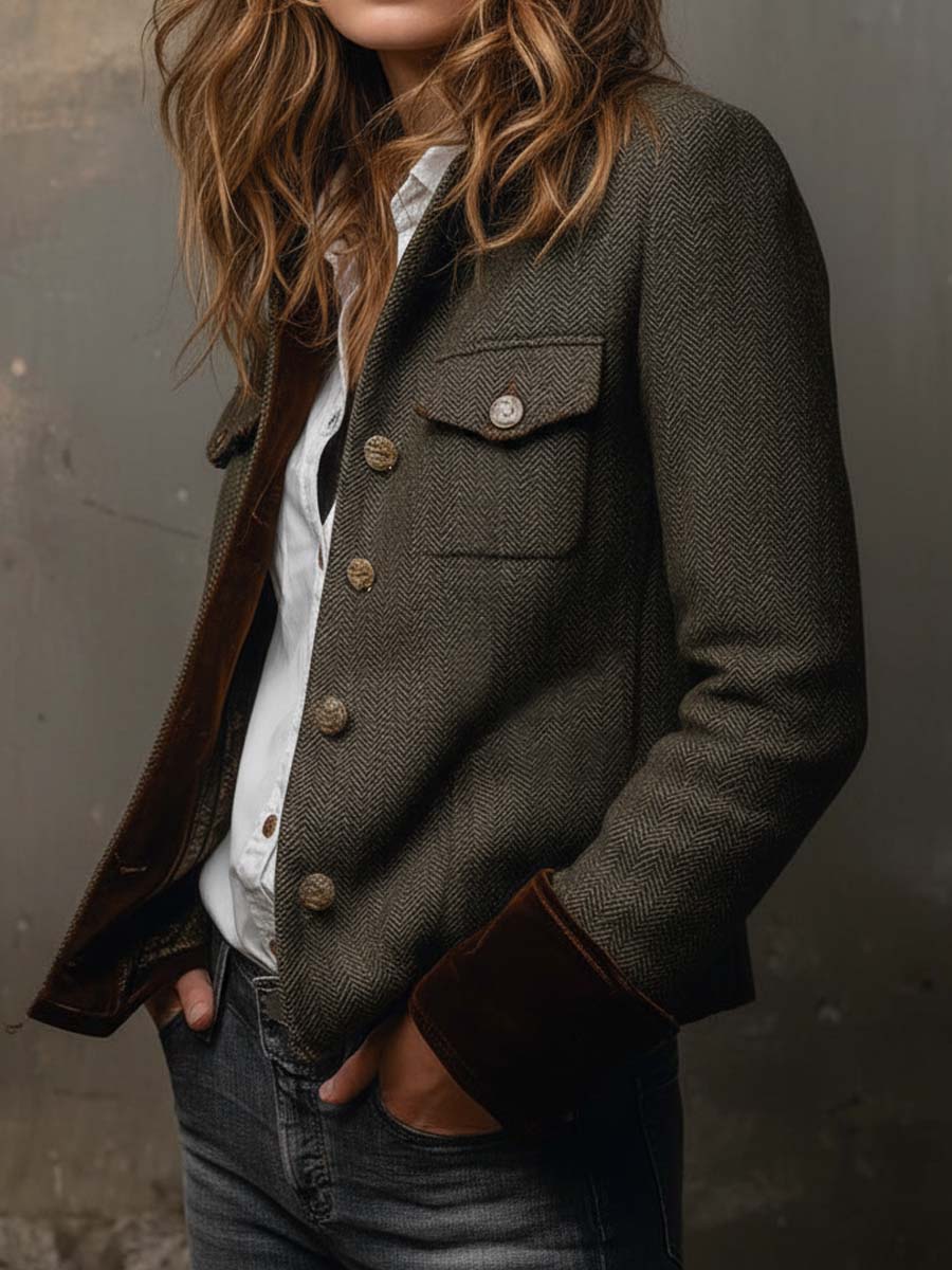 Onorina | Blazer Vintage a Chevron con Bordi a Contrasto