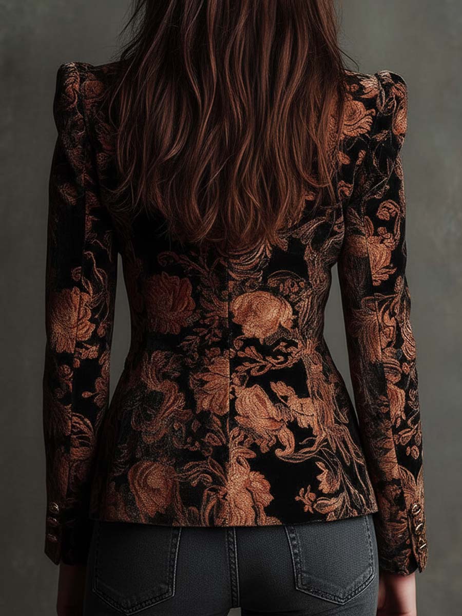 Bertilla | Blazer Tailleur Stampa Floreale Nero e Bronzo