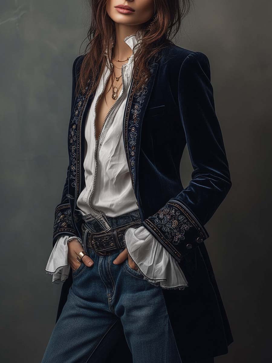 Anastasia | Giacca Lunga Ricamata Vintage Blu Navy