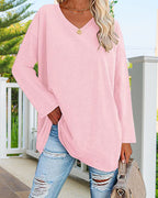 Eenkleurig V-hals T-shirt met lange mouwen
