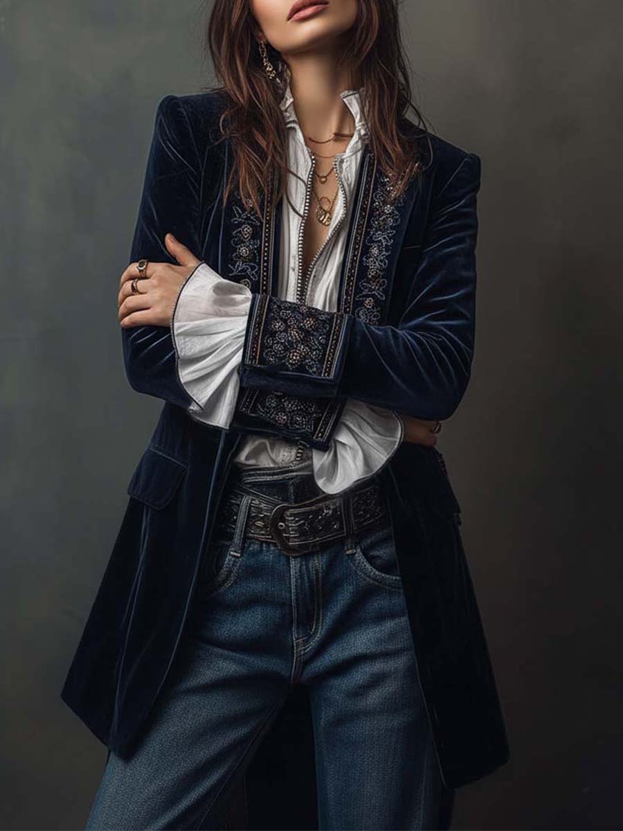 Anastasia | Giacca Lunga Ricamata Vintage Blu Navy