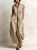 Nicoletta | Tuta cargo utility senza maniche in cotone beige con zip frontale