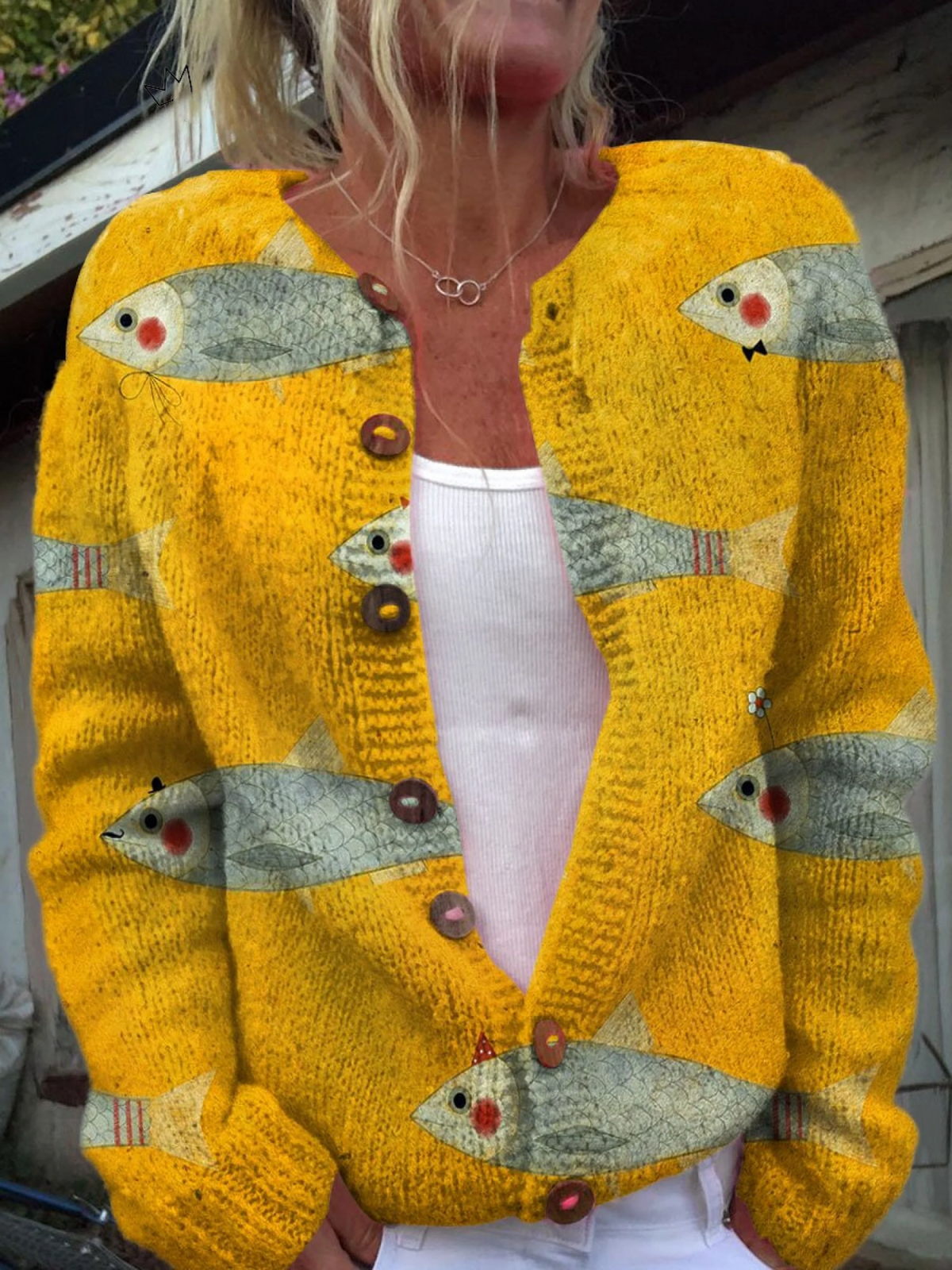 Annalisa | Cardigan Vintage Giallo con Stampa Pesci