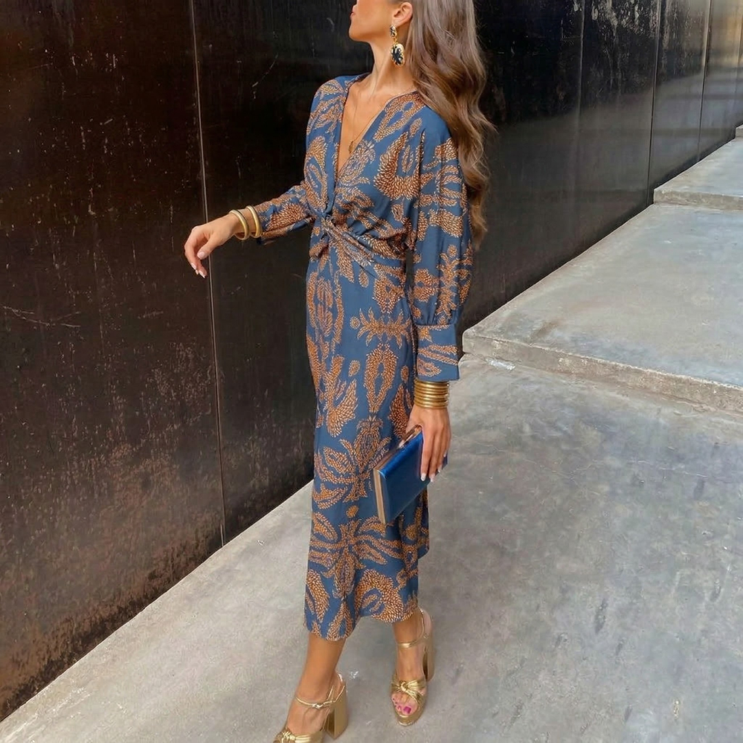 Isadora™ – Elegante abito midi con dettagli color nudo e stampa artistica