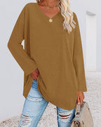 Eenkleurig V-hals T-shirt met lange mouwen