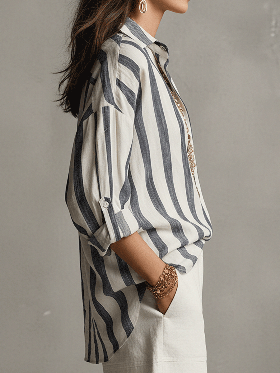 Kaia | Camicia Casual a Righe in Cotone e Lino a Maniche Lunghe