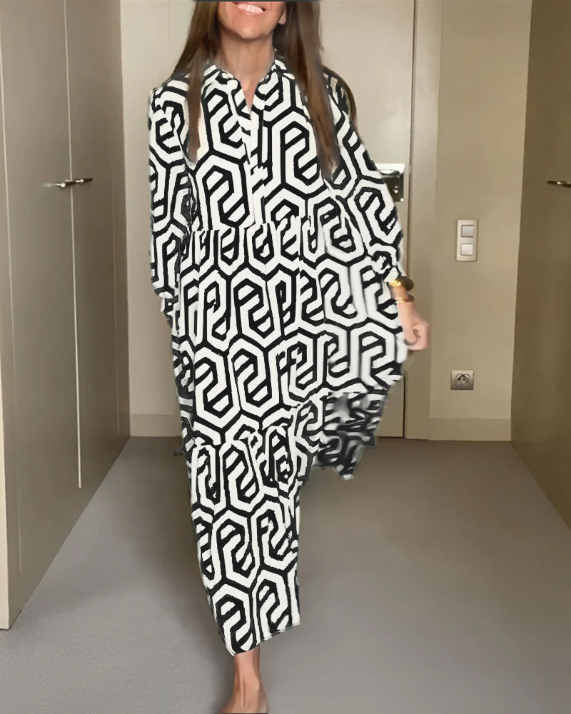 Nina | Jurk met Stippen en Geometrische Print