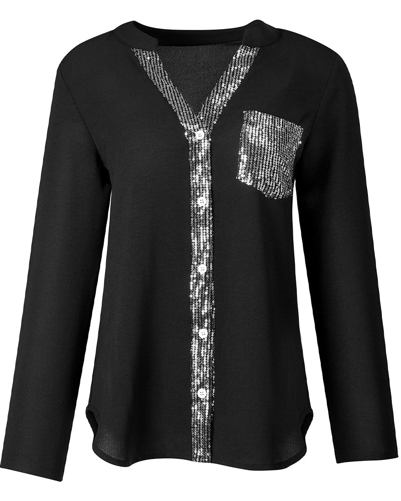 Nina | Casual Top met Pailletteninzet en Knopen