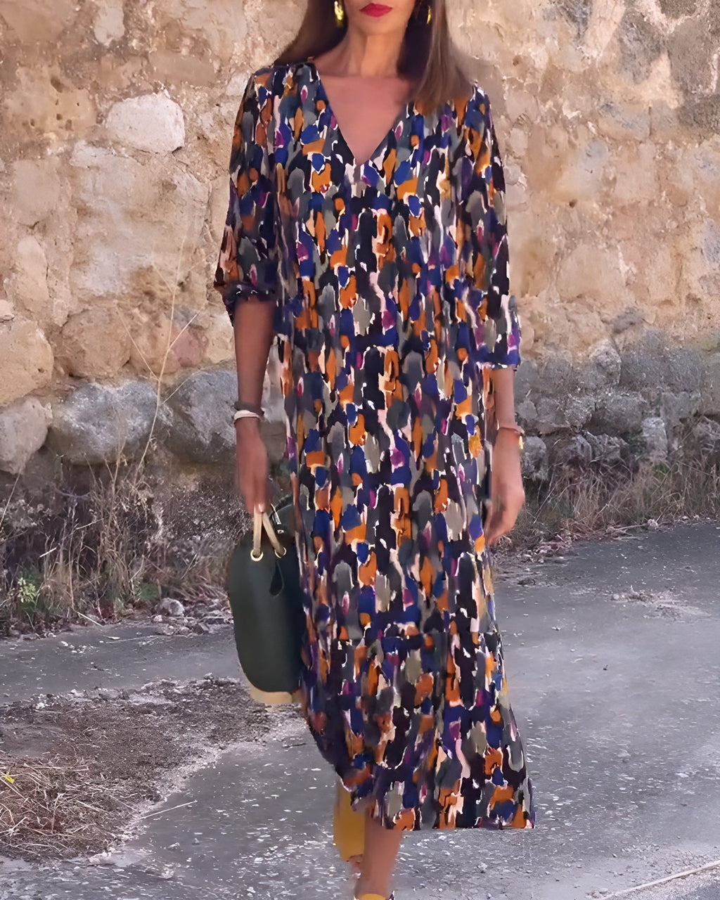 Roos | V-hals Jurk met Retroprint