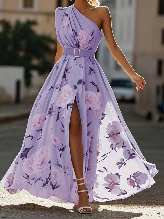 Giulia | Abito Maxi Chiffon Floreale a Spalle Scoperte Verde Chiaro