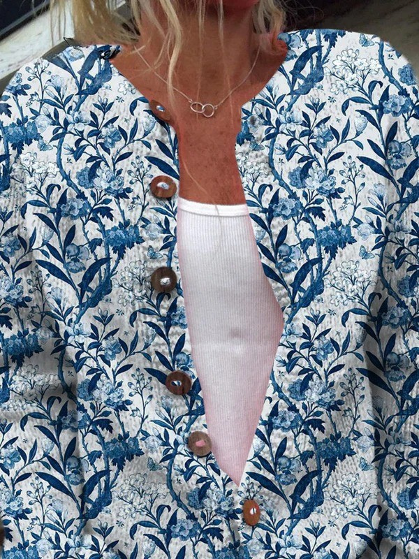 Tiziana | Cardigan Vintage a Fiori con Bottoni Blu e Bianco