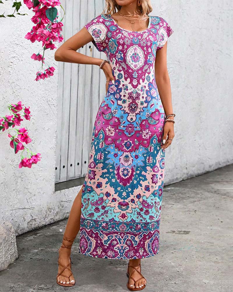 Kleurrijke casual jurk met print en splitten