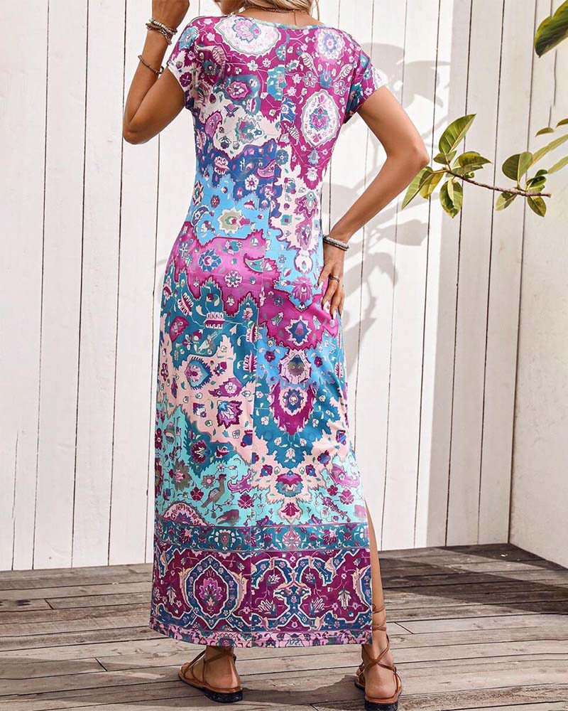 Kleurrijke casual jurk met print en splitten