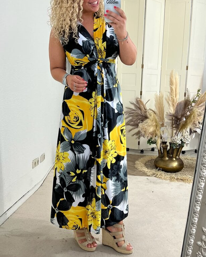 Mouwloze Geplooide Jurk met Bloemen