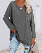 Eenkleurig V-hals T-shirt met lange mouwen