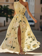 Giulia | Abito Maxi Chiffon Floreale a Spalle Scoperte Verde Chiaro