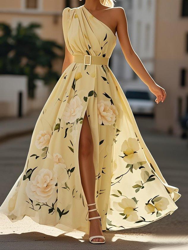 Giulia | Abito Maxi Chiffon Floreale a Spalle Scoperte Verde Chiaro