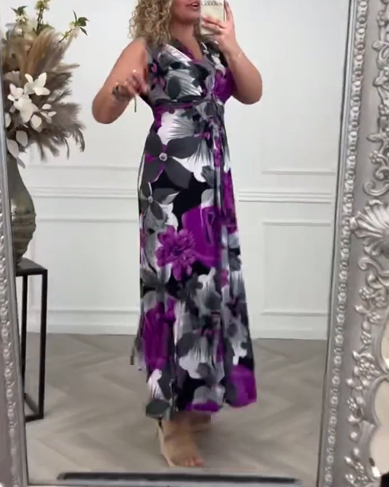 Mouwloze Geplooide Jurk met Bloemen