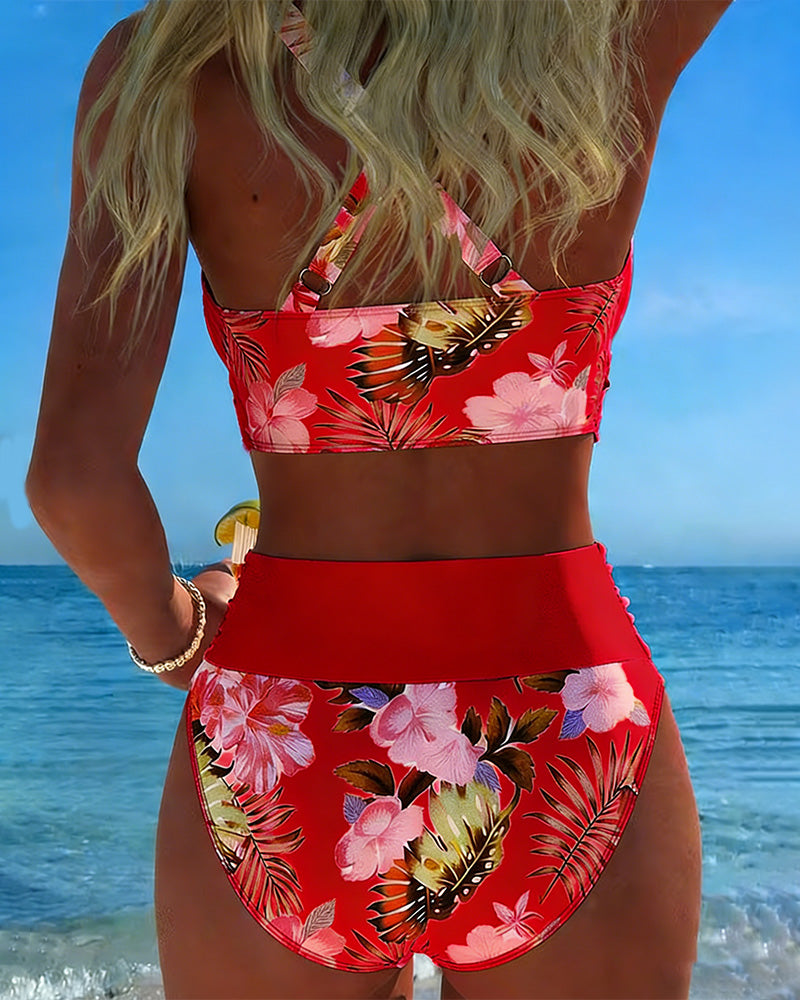Bikini con stampa floreale a contrasto in spacco