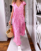 Roos | Maxi-jurk met V-hals en Korte Mouwen in Print