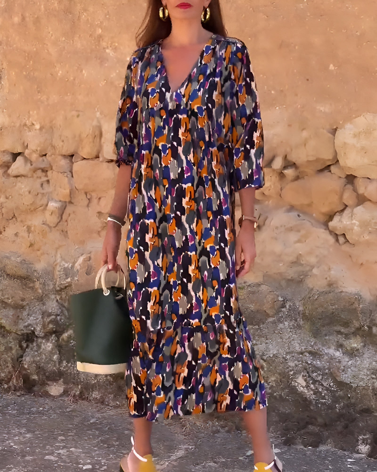 Roos | V-hals Jurk met Retroprint