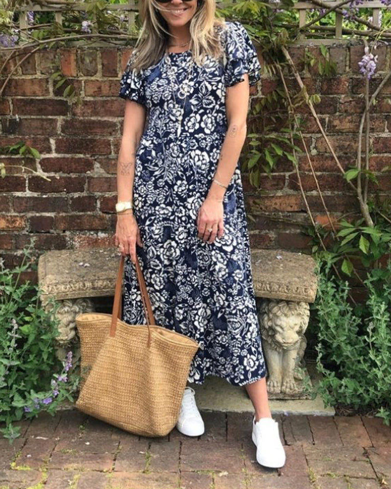 Sophie | Lange Jurk met Korte Mouwen en Bloemenprint