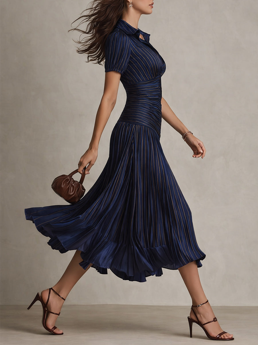 Adriana ∙ Retro gstreepte satijnen midi jurk