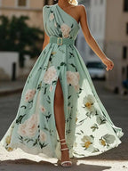 Giulia | Abito Maxi Chiffon Floreale a Spalle Scoperte Verde Chiaro