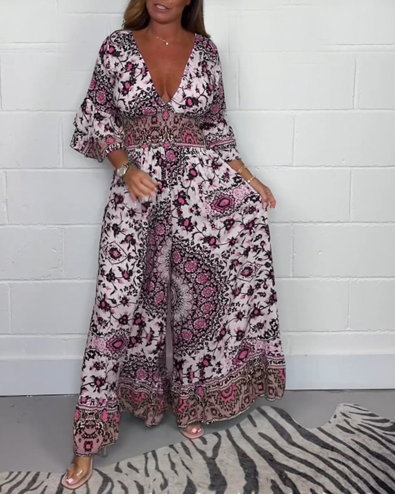 Sophie | Bedrukte Jumpsuit met Diepe V-Halslijn