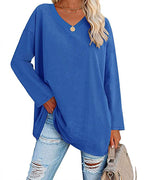Eenkleurig V-hals T-shirt met lange mouwen