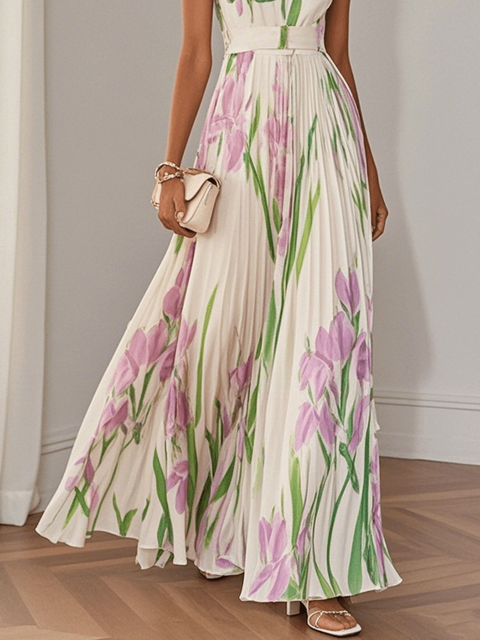 Maria | Abito Maxi Chiffon Floreale Plissettato Bianco