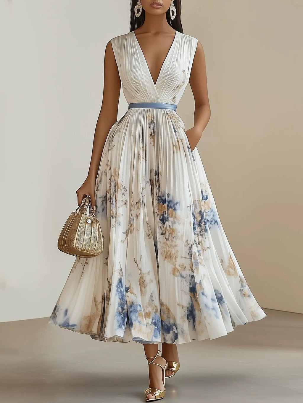 Chloe | Grembiule midi plissettato in chiffon floreale bianco con scollatura a V